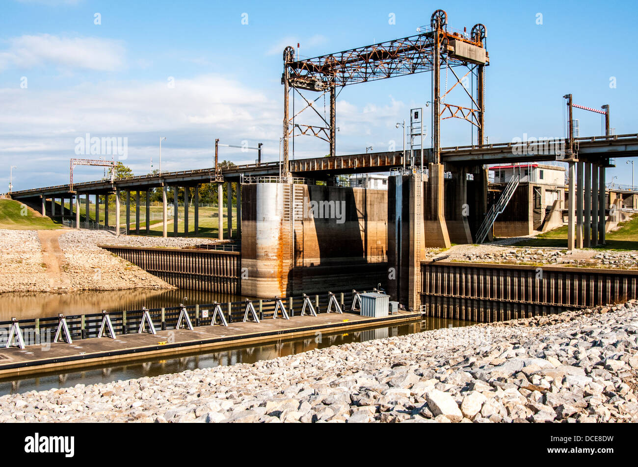 USA, Louisiana, Atchafalaya Basin. Old River Navigational Lock and Bridge, built by the US Army Corps of Engineers. Stock Photo
