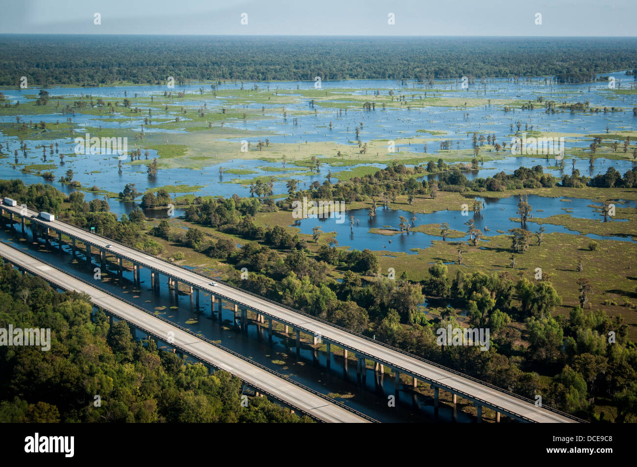USA, Louisiana, Atchafalaya Basin area, St Martin Parish, Interstate 10 causeway over Lake Henderson (aka Henderson Swamp). Stock Photo
