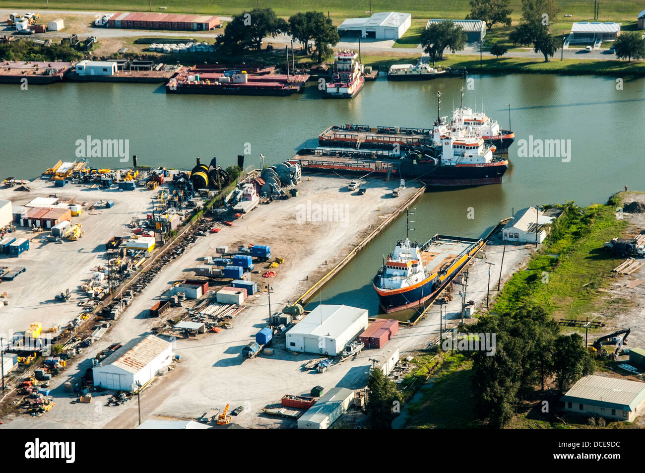 USA, Louisiana, St Martin Parish, Morgan City. Aerial photo of Atchafalaya Basin , barges, boats and industry. Stock Photo