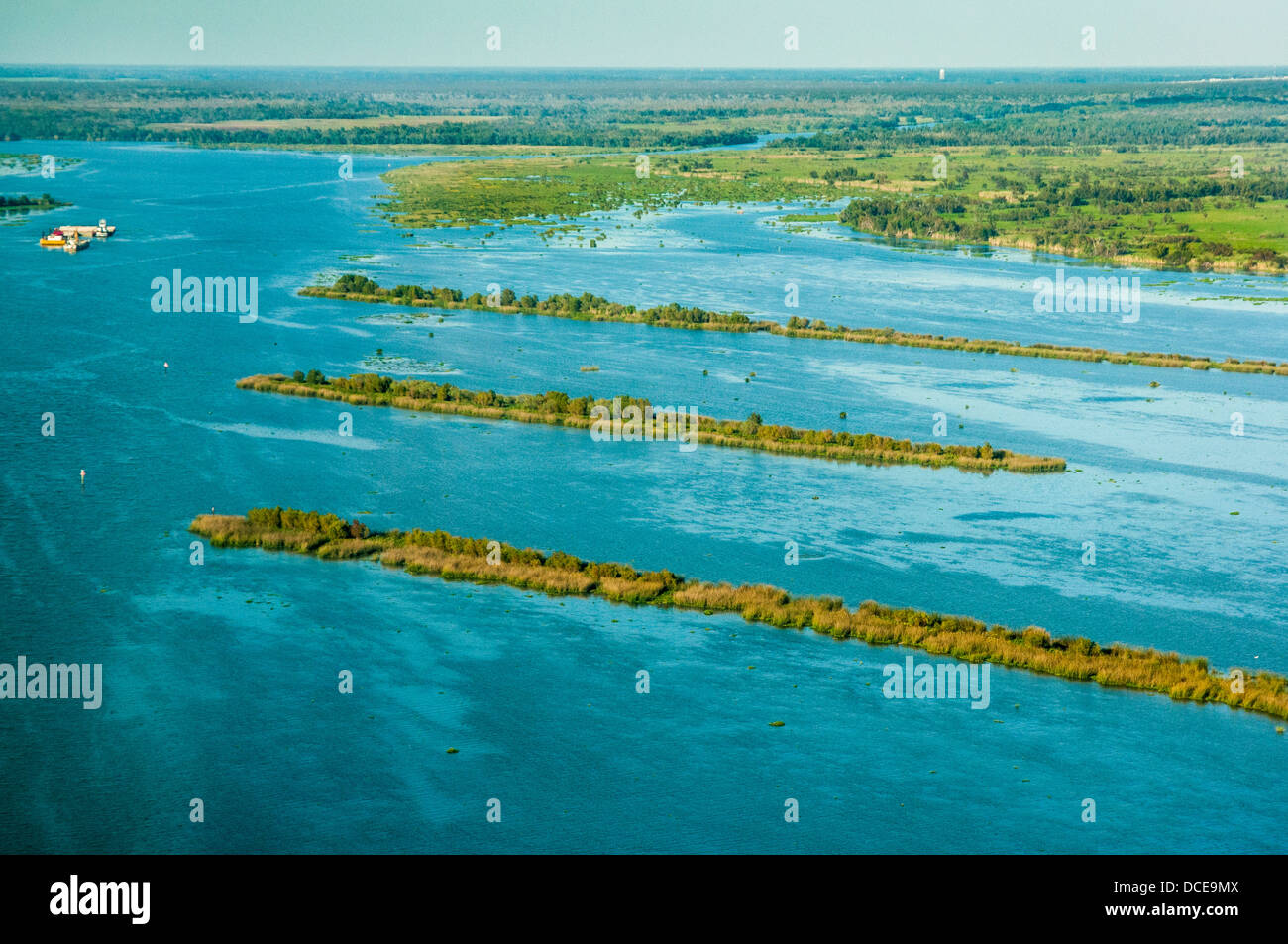 USA, Louisiana, Aerial photo of Atchafalaya Basin area, Cote Blanche Bay, man-made islands as erosion barriers. Stock Photo