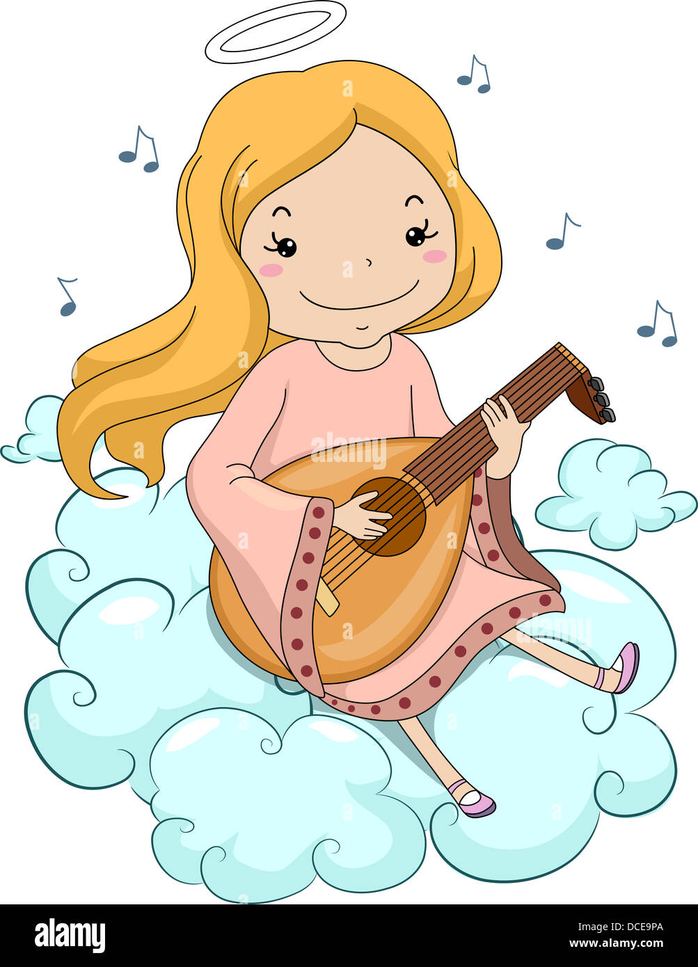 Illustration of a Girl Angel Sitting on Clouds Playing Lute Stock Photo