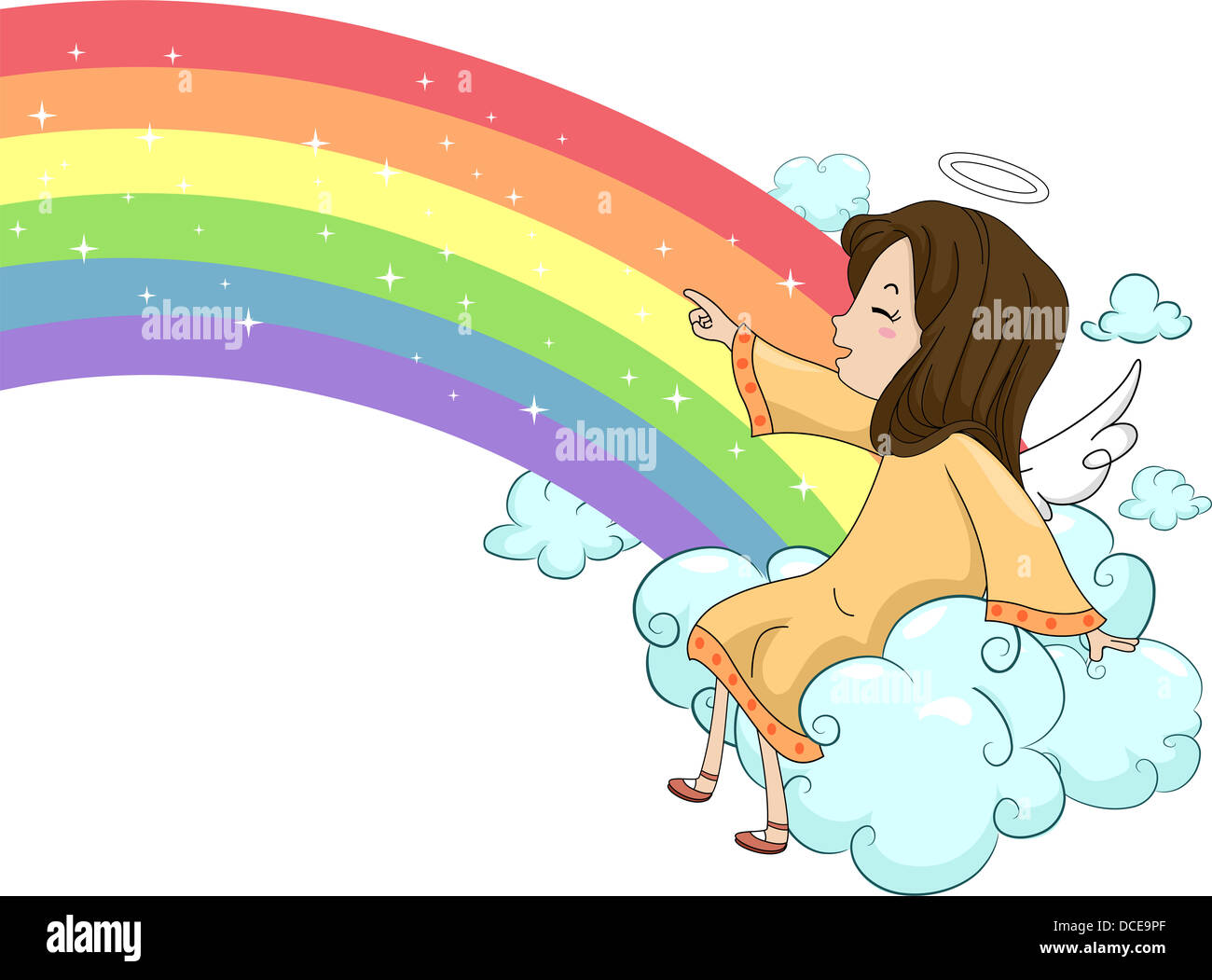 Illustration of a Laughing Girl Angel Sitting on a Cloud and Pointing on a Rainbow Stock Photo