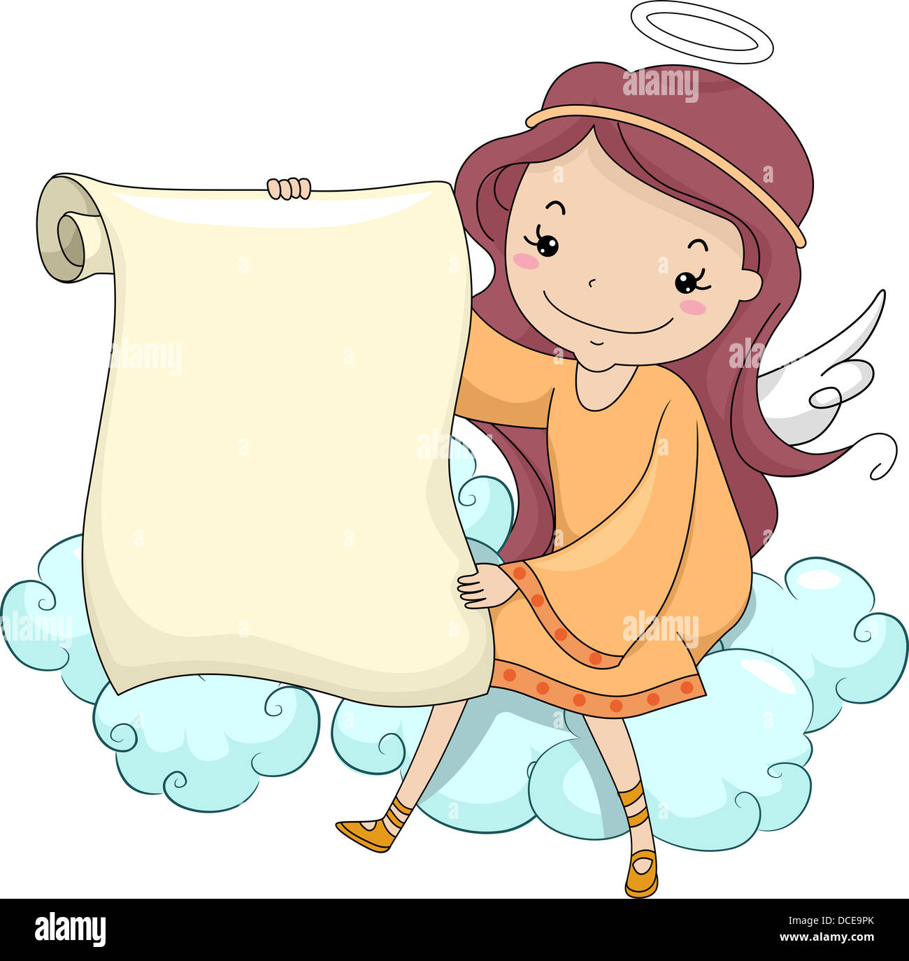 Illustration of a Girl Angel holding a Blank Scroll while Sitting on a Cloud Stock Photo