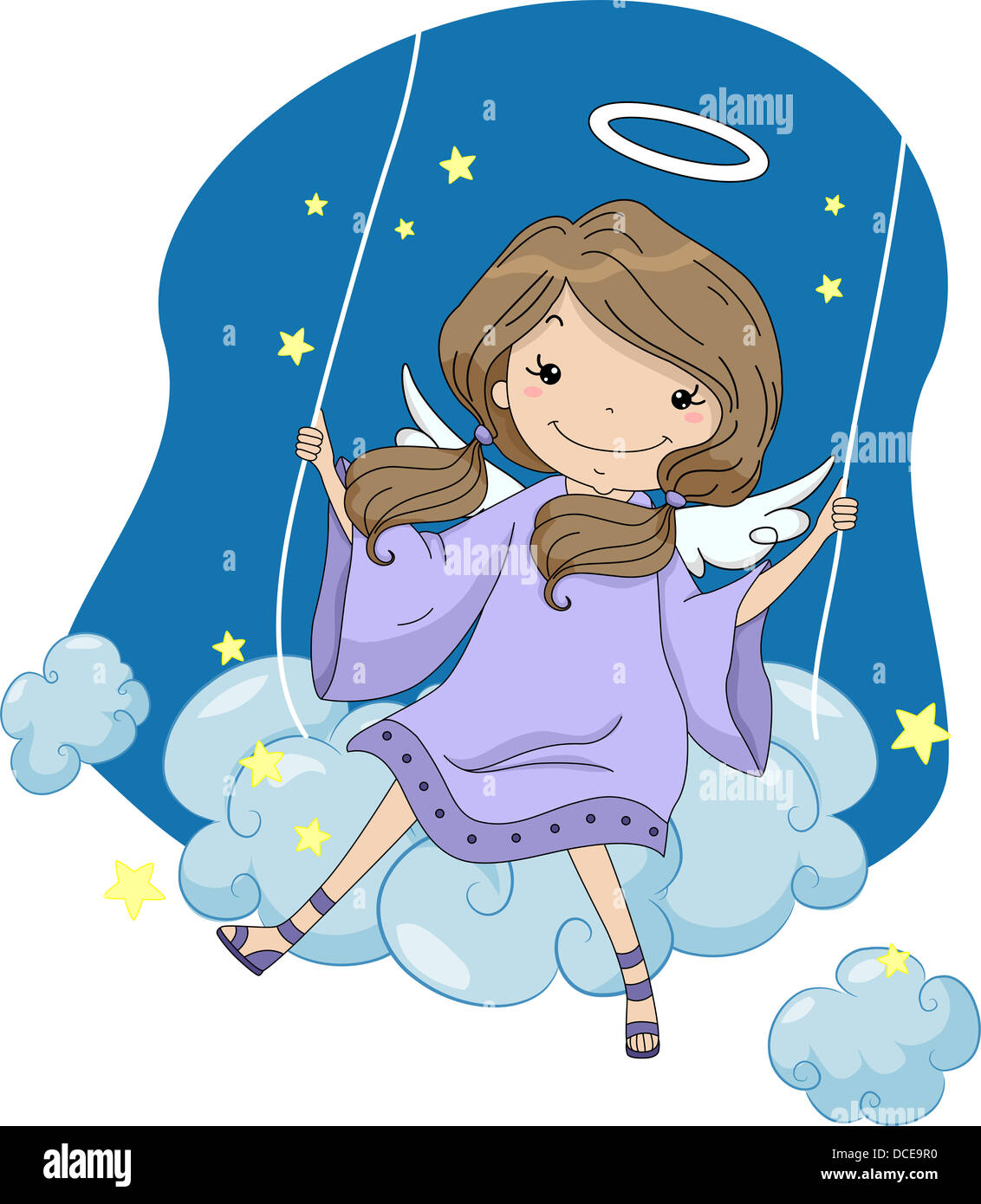 Illustration of a Girl Angel in a Cloud Swing Stock Photo