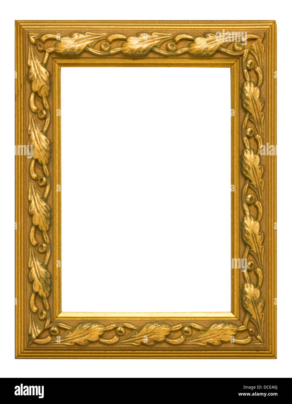 Antique gold vertical picture frame against white background Stock Photo