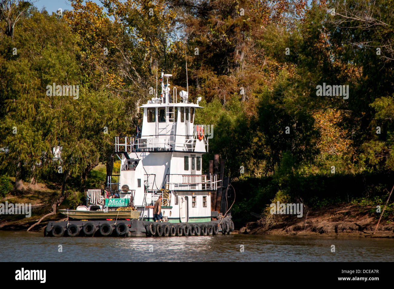 USA, Louisiana, Atchafalaya Basin, tug boat 'Mr. C' of Baton Rouge tied up on a bayou. Stock Photo