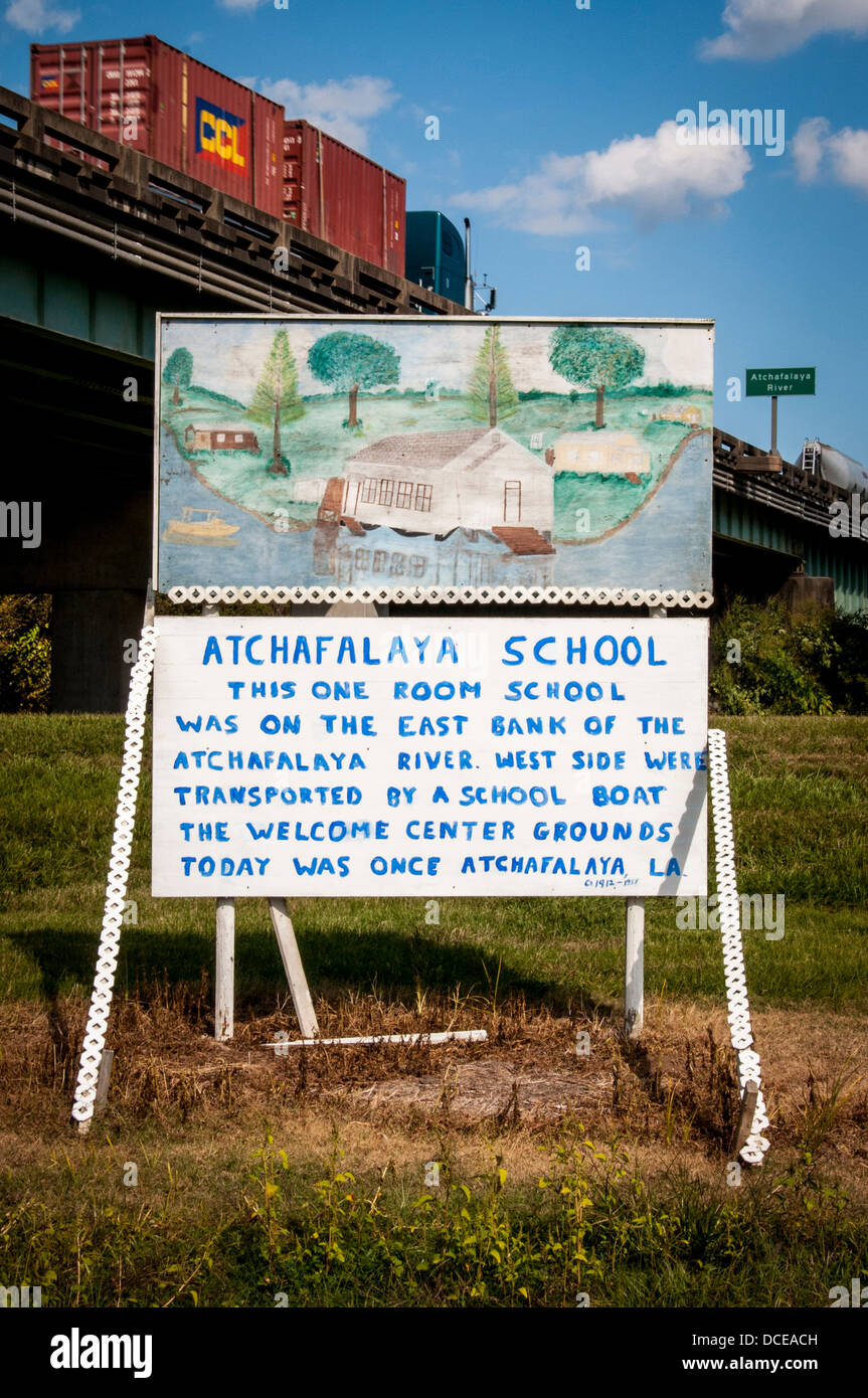 USA, Louisiana, Atchafalaya Basin, sign about Atchafalaya School that was ferried from the east bank of the river to this site. Stock Photo