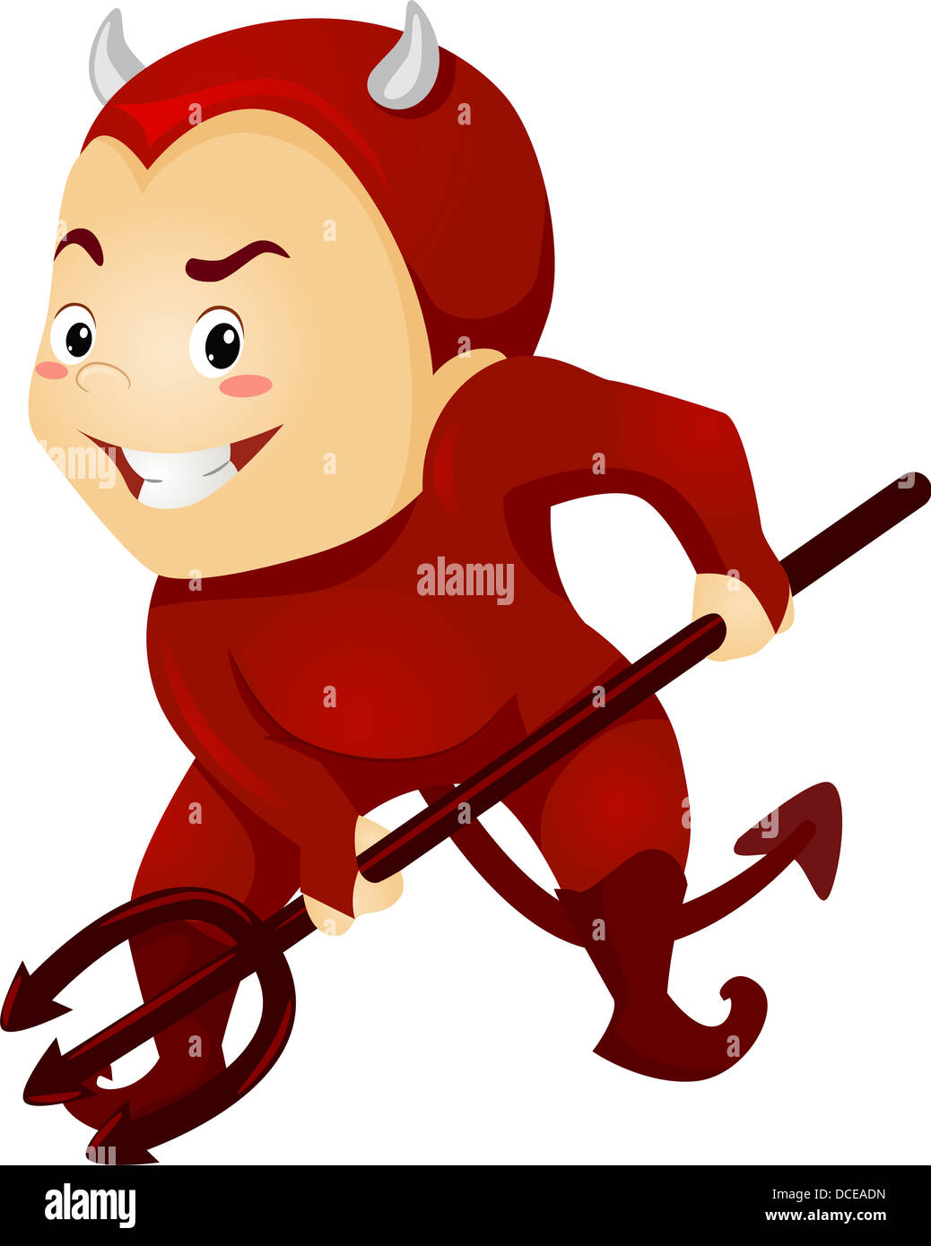 Illustration of a Little Kid Boy as a Red Devil with Horns and Pitchfork Stock Photo