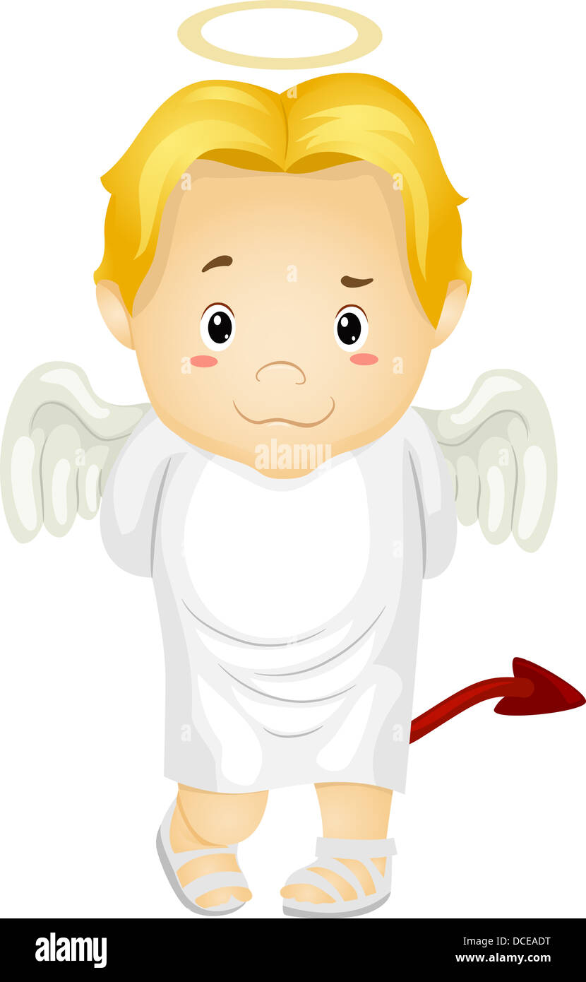 Illustration of a Little Kid Boy Angel with Halo and Devil's Tail Stock Photo