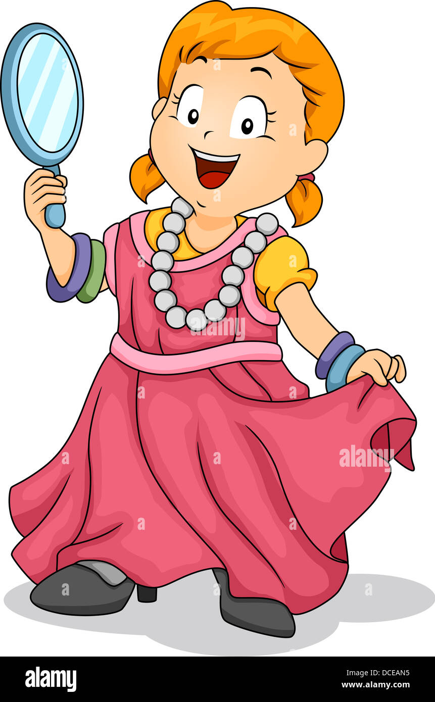 Illustration of a Little Kid Girl Wearing Adult Clothes holding a Handheld  Mirror Stock Photo - Alamy, image size:861x1390