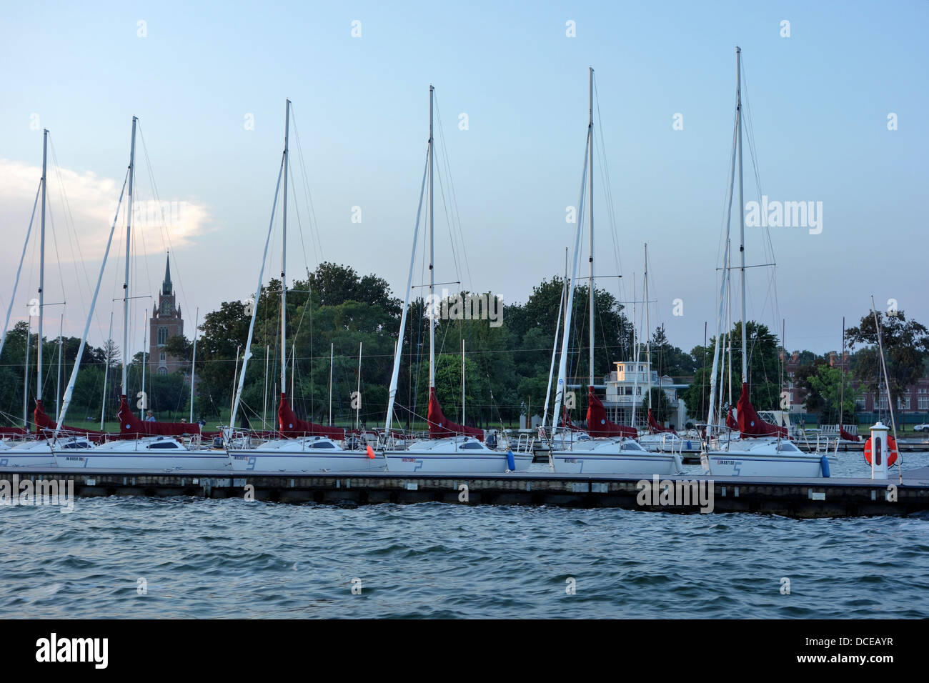 Sail boats of the Culver Academies in Culver Indiana USA on a summer evening. Stock Photo
