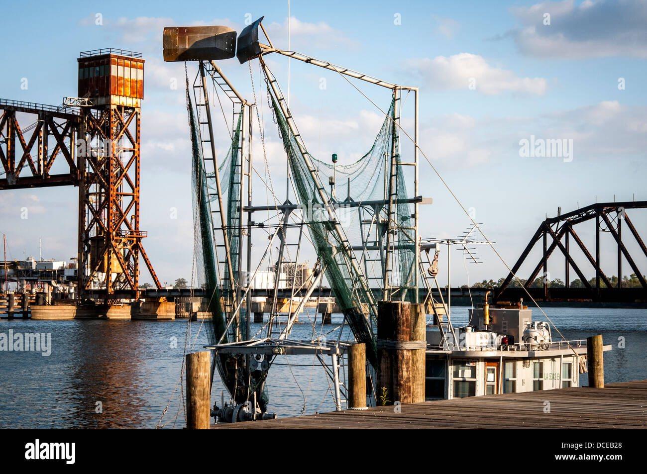 USA, Louisiana, Atchafalaya Basin, Morgan City seen from Berwick's Belleview Front Street, Railroad Bridge. Stock Photo