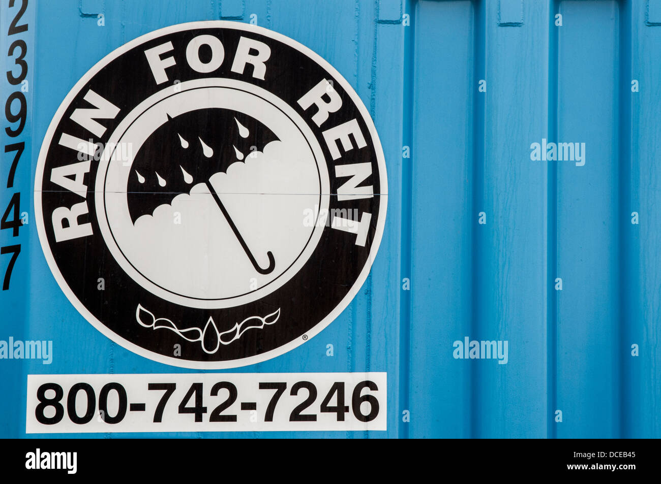 USA, Louisiana, Atchafalaya Basin, Morgan City. Sign on container advertising 'Rain for Rent'. Stock Photo