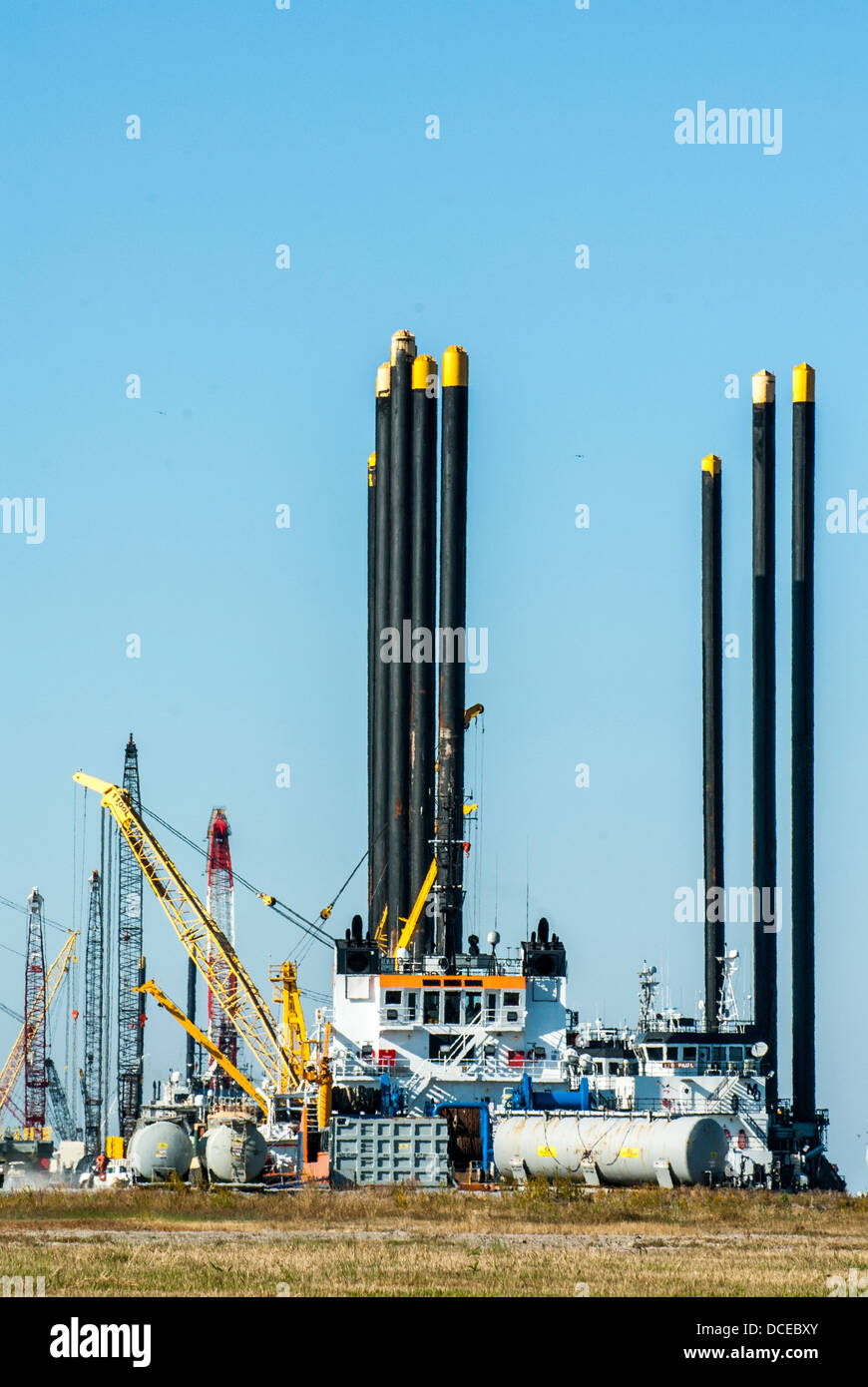 USA, Louisiana, Atchafalaya Basin, drilling platform equipment and cranes in Port Fourchon. Stock Photo