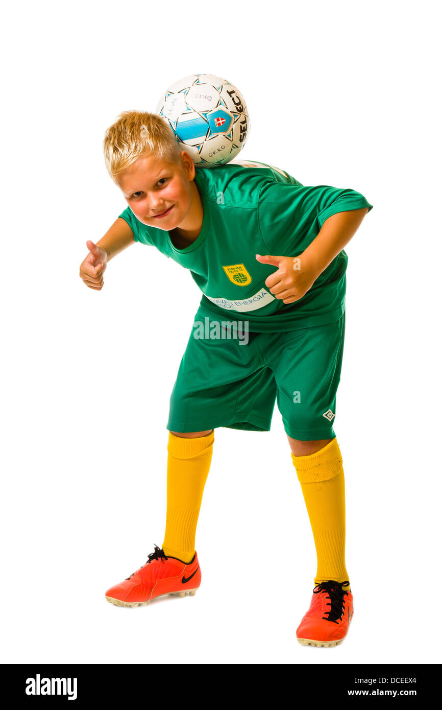 Young football player injured on his knee, studio shot, white background Stock Photo