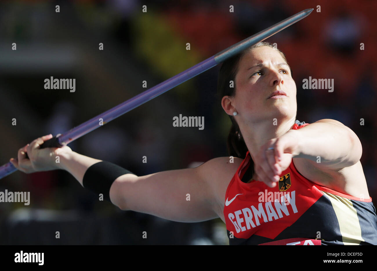 Moscow, Russia. 16th Aug, 2013. Linda Stahl of Germany competes in the Javelin Throw Qualification at the 14th IAAF World Championships in Athletics at Luzhniki Stadium in Moscow, Russia, 16 August 2013. Photo: Michael Kappeler/dpa/Alamy Live News Stock Photo