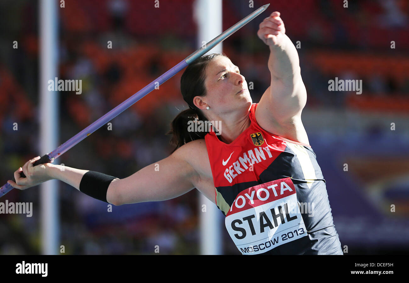 Moscow, Russia. 16th Aug, 2013. Linda Stahl of Germany competes in the Javelin Throw Qualification at the 14th IAAF World Championships in Athletics at Luzhniki Stadium in Moscow, Russia, 16 August 2013. Photo: Michael Kappeler/dpa/Alamy Live News Stock Photo