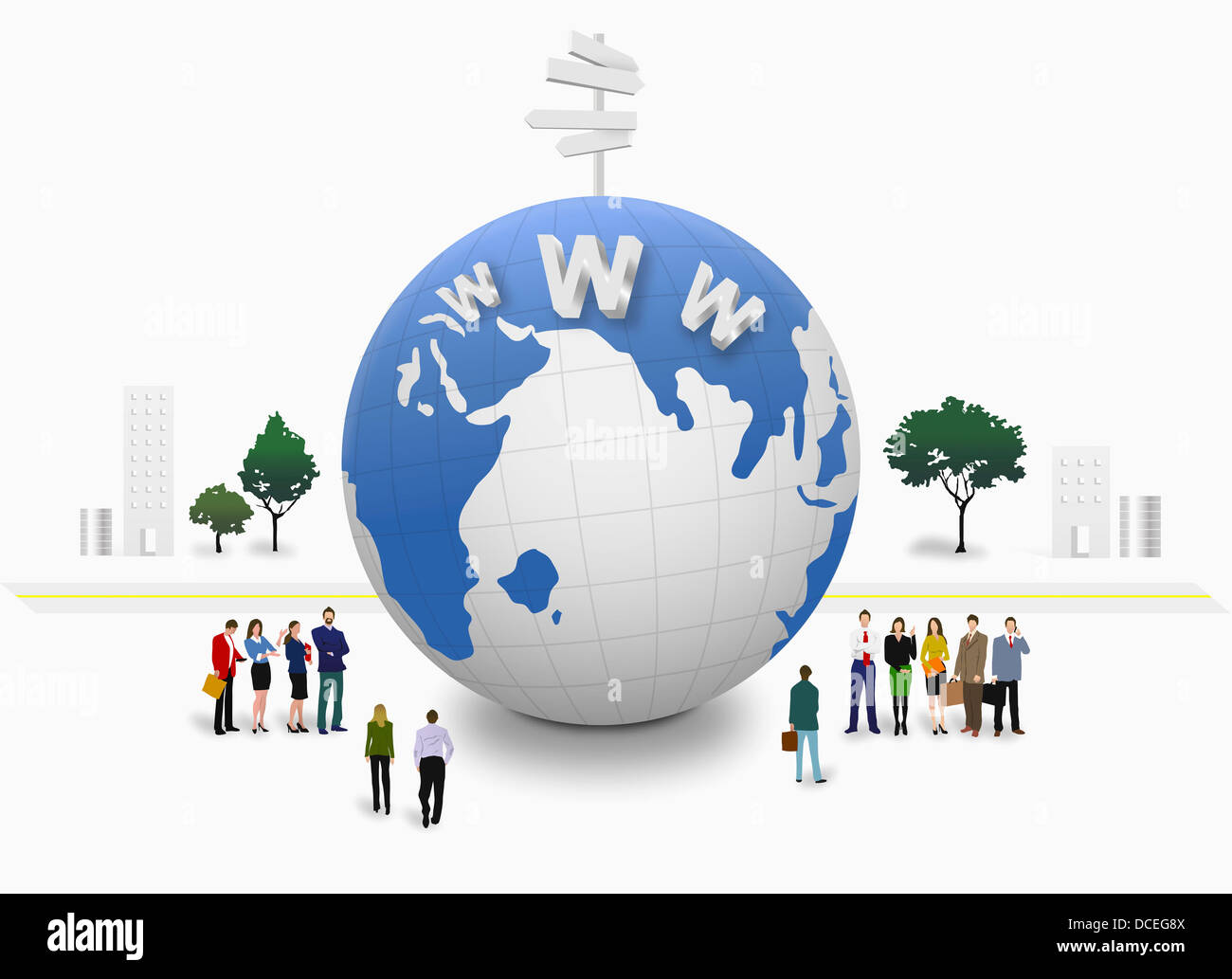 illustration of people standing around globe Stock Photo - Alamy
