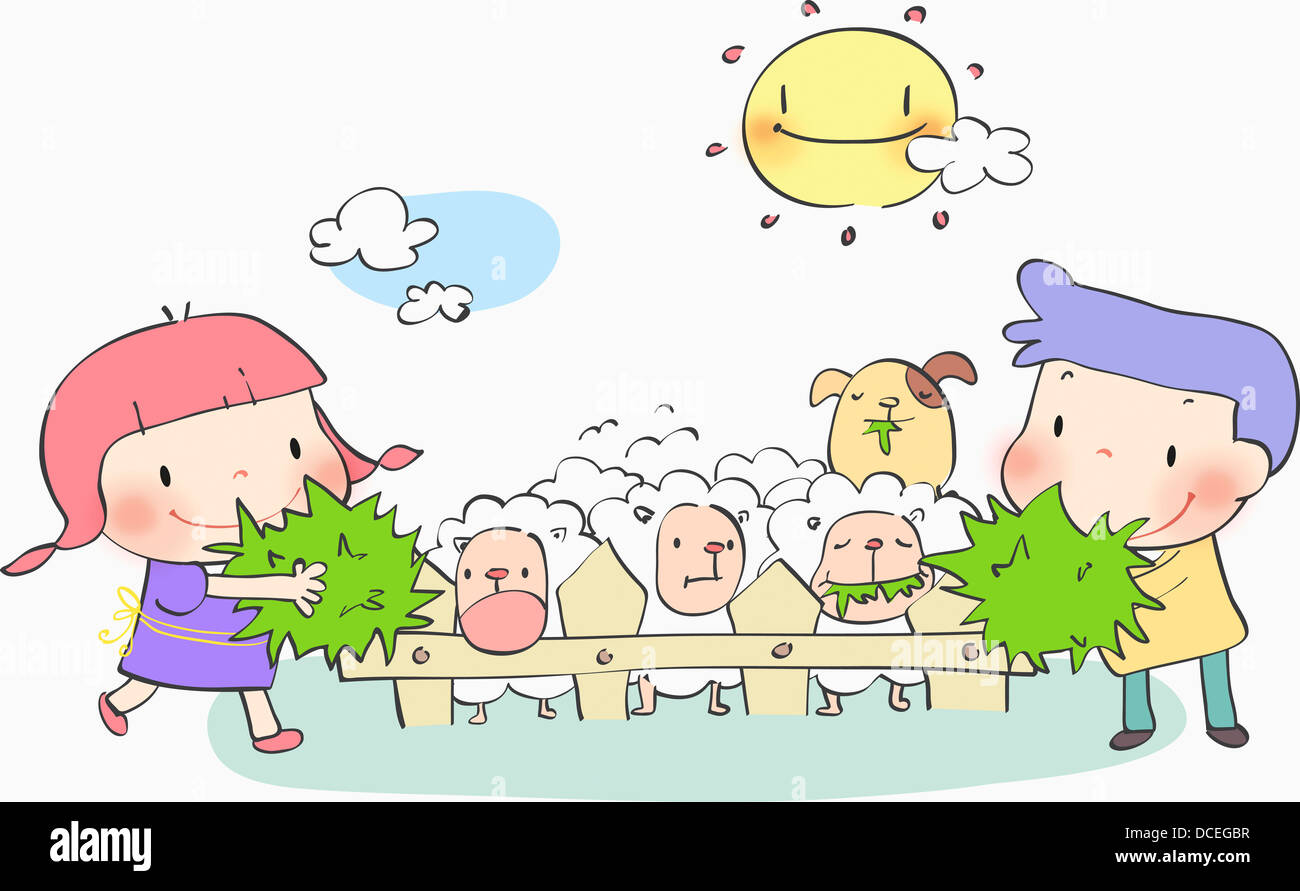 illustration of two kids with sheep Stock Photo - Alamy