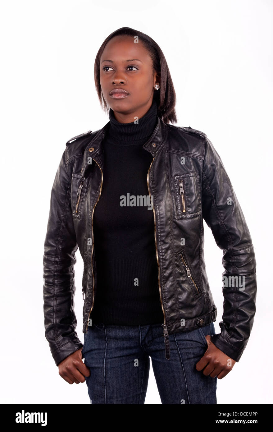 Young South African woman wearing black leather and a serious ...