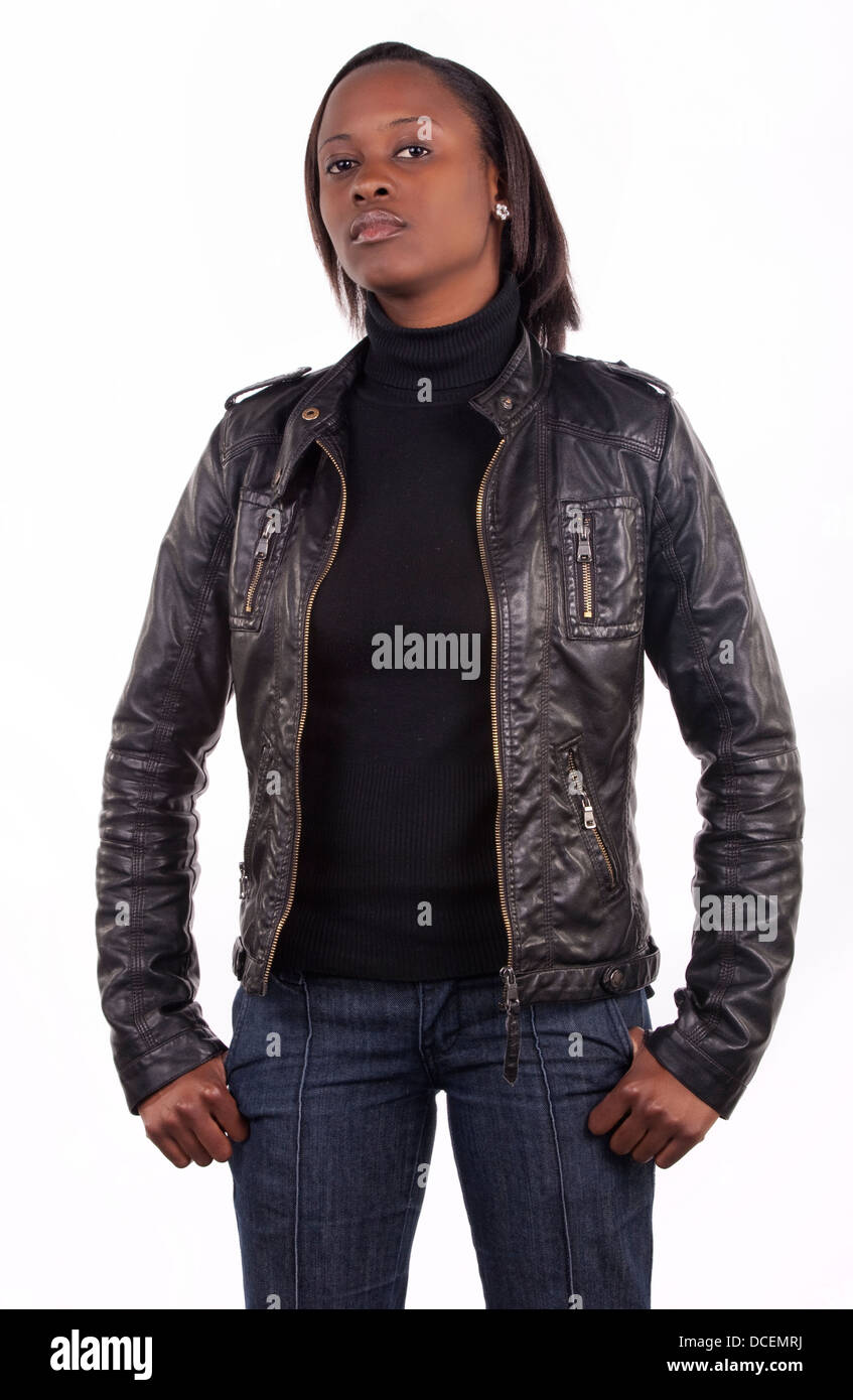 Young South African woman wearing black leather and a serious ...
