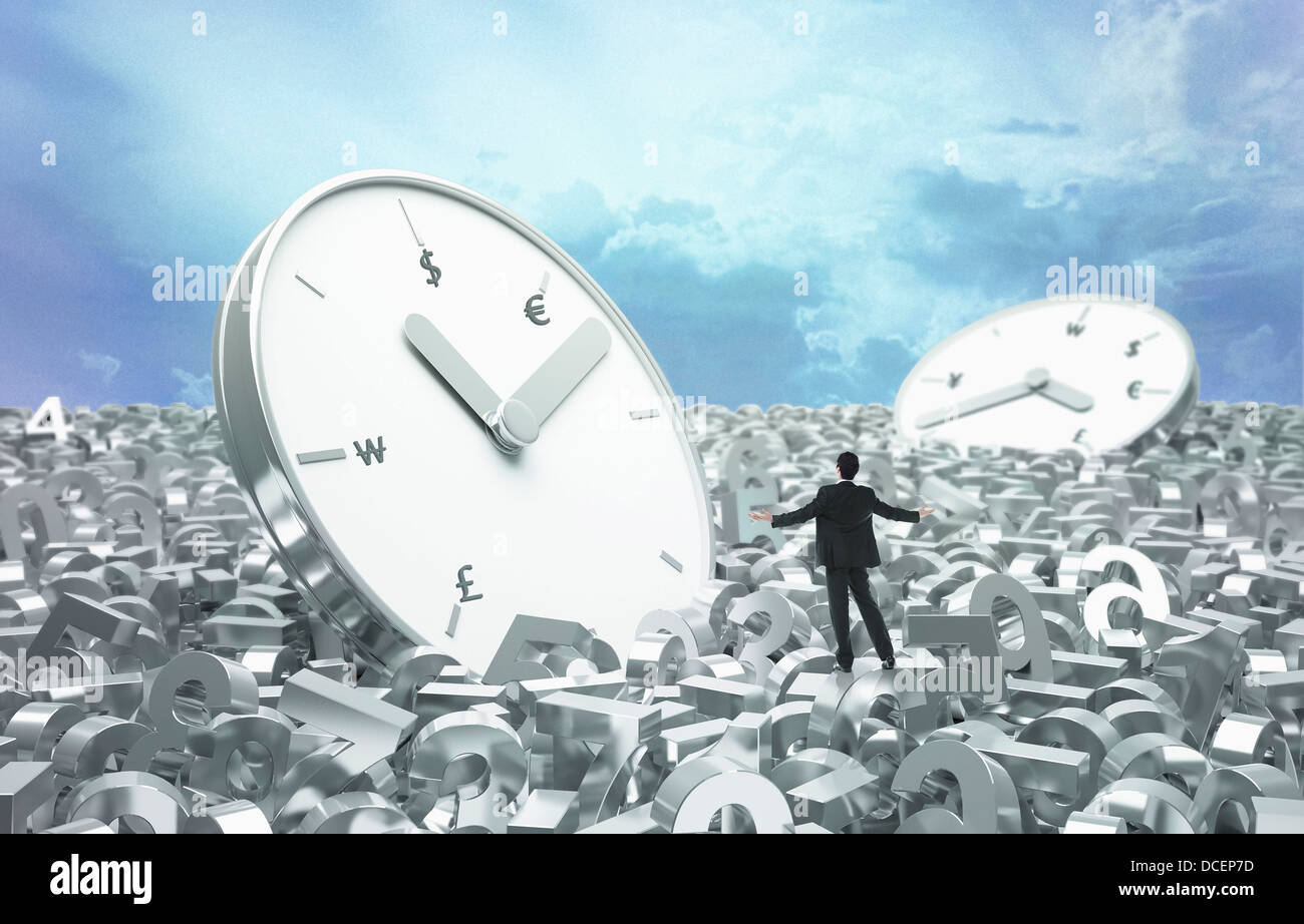 a businessman on a land with clocks Stock Photo Alamy