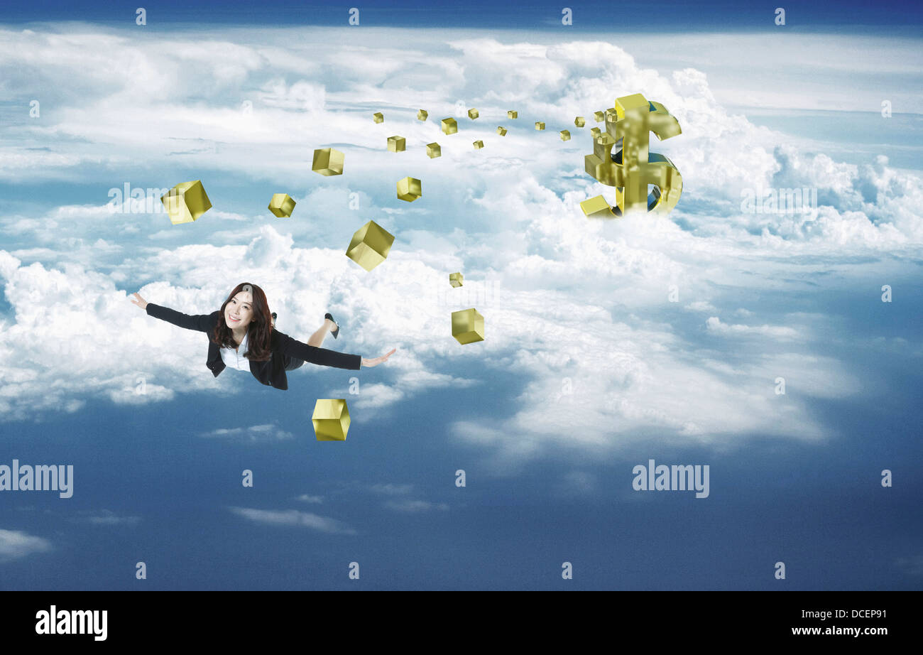 a businesswoman flying in the sky with dollars Stock Photo - Alamy