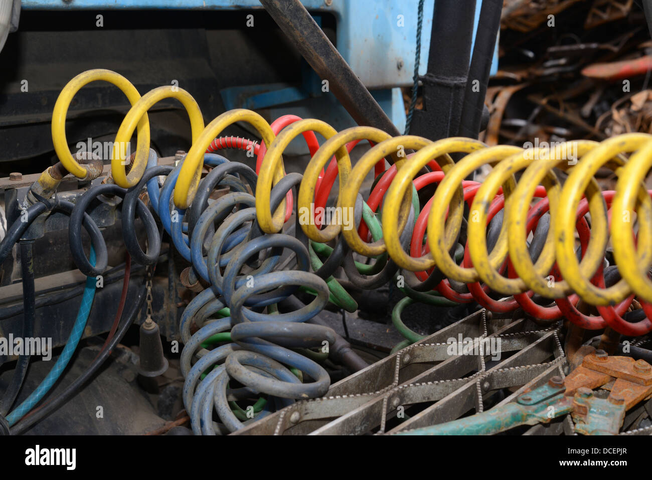 air lines cables for braking system connecting lorry cab with trailer Stock Photo
