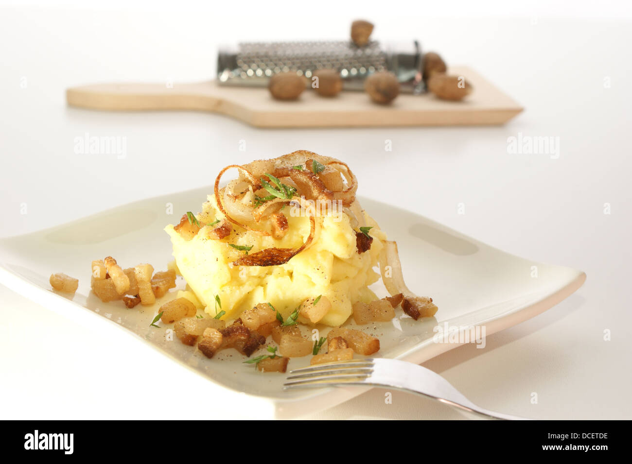 mashed potato with onion ring and bacon Stock Photo Alamy