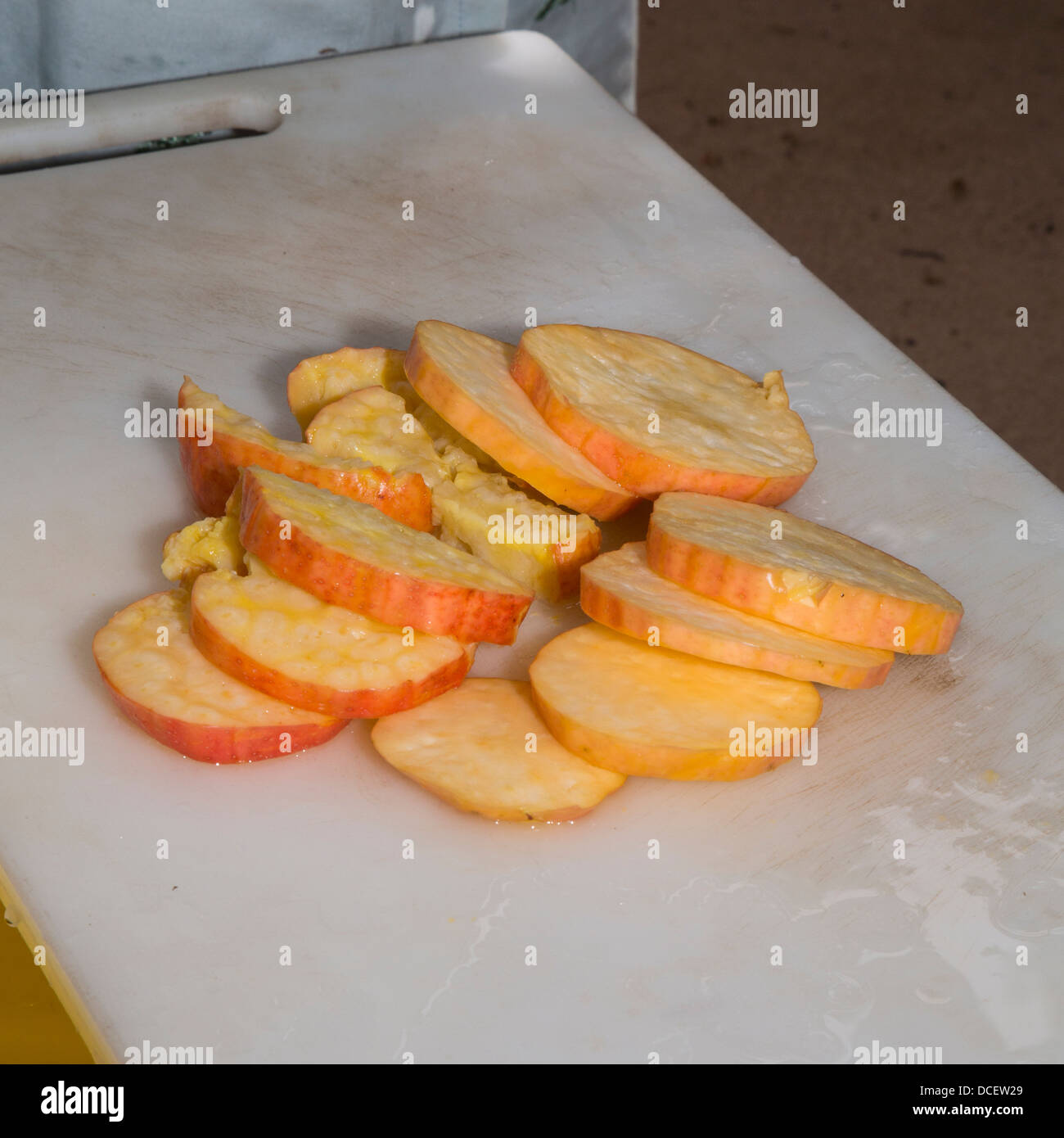 Sliced Cashew Apple, The Gambia. These slices can be dried and sold on the local market. The whole fruit does not travel well. Stock Photo