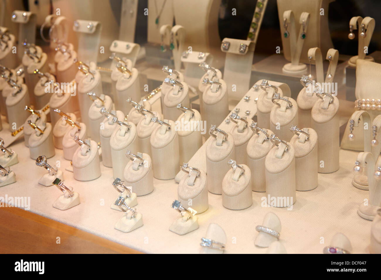 diamond rings in the window of a jewellers shop in hatton garden London