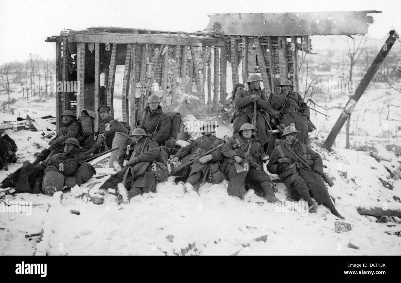 Soldiers of the Great War during photographed in a shelled village during a cold winter Stock Photo