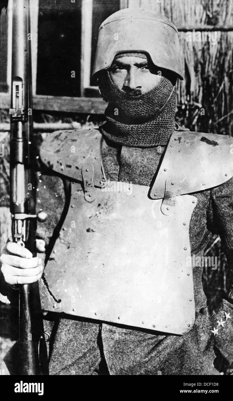 Great War. WW1 Italian soldier wearing body armor and helmet. Stock Photo