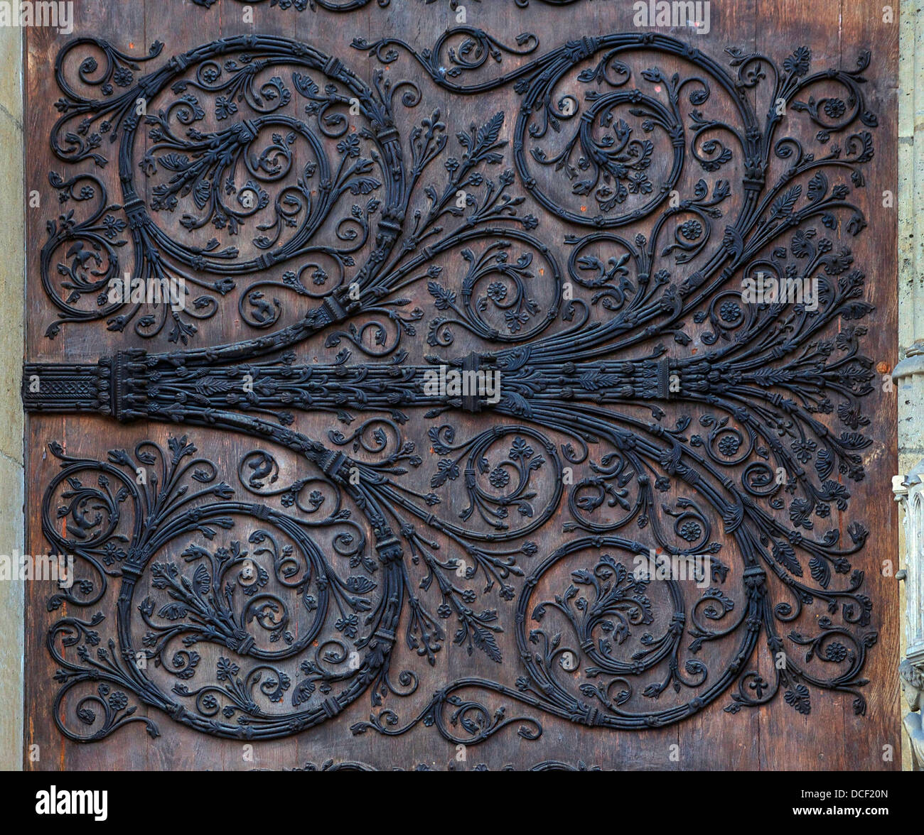 Ironwork on the central portal ('last Judgment') of the western façade of Notre-Dame de Paris, France Stock Photo
