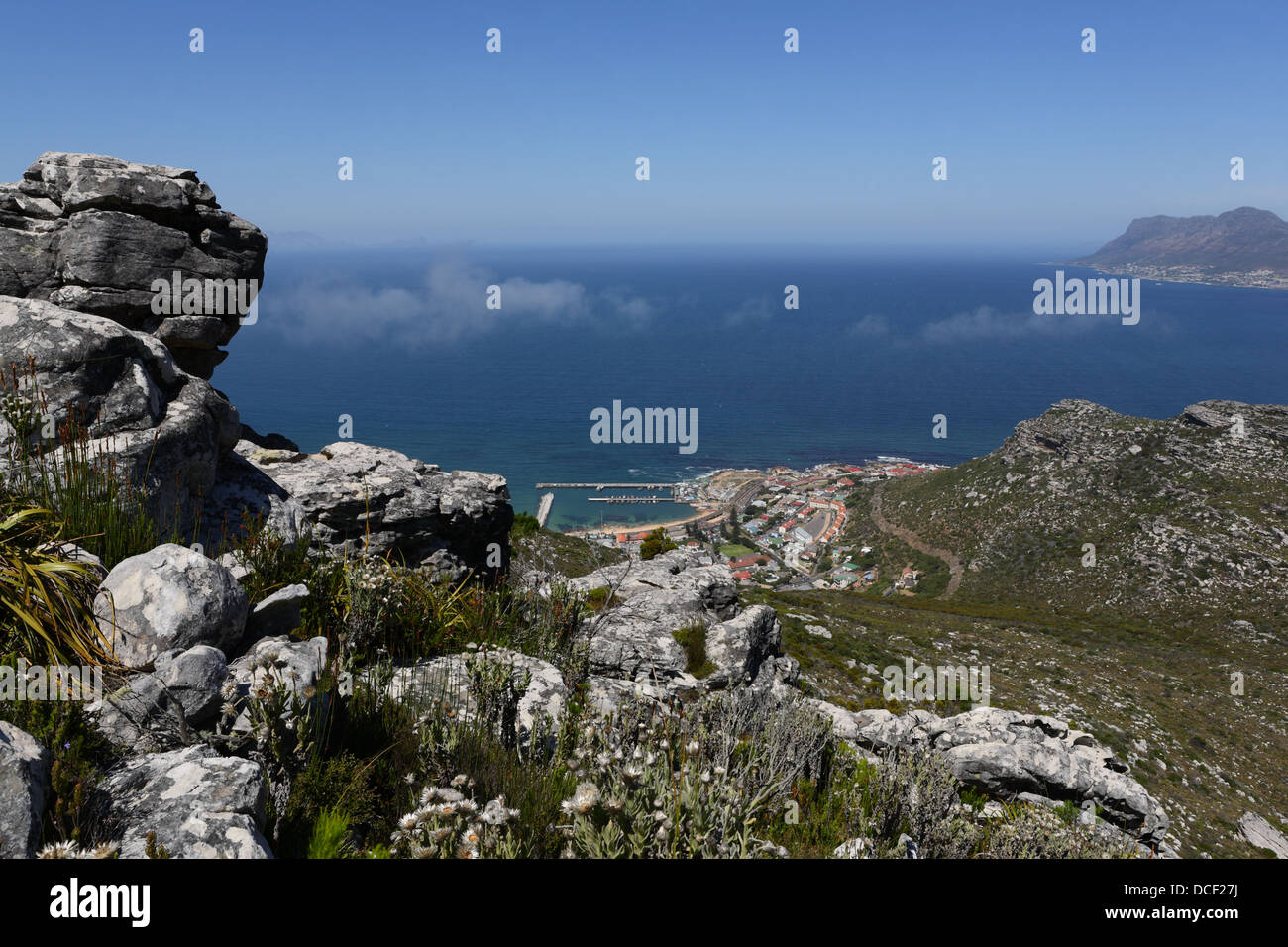 Aerial view of Kalk Bay harbour from the surrounding mountains, Cape Peninsula, South Africa Stock Photo