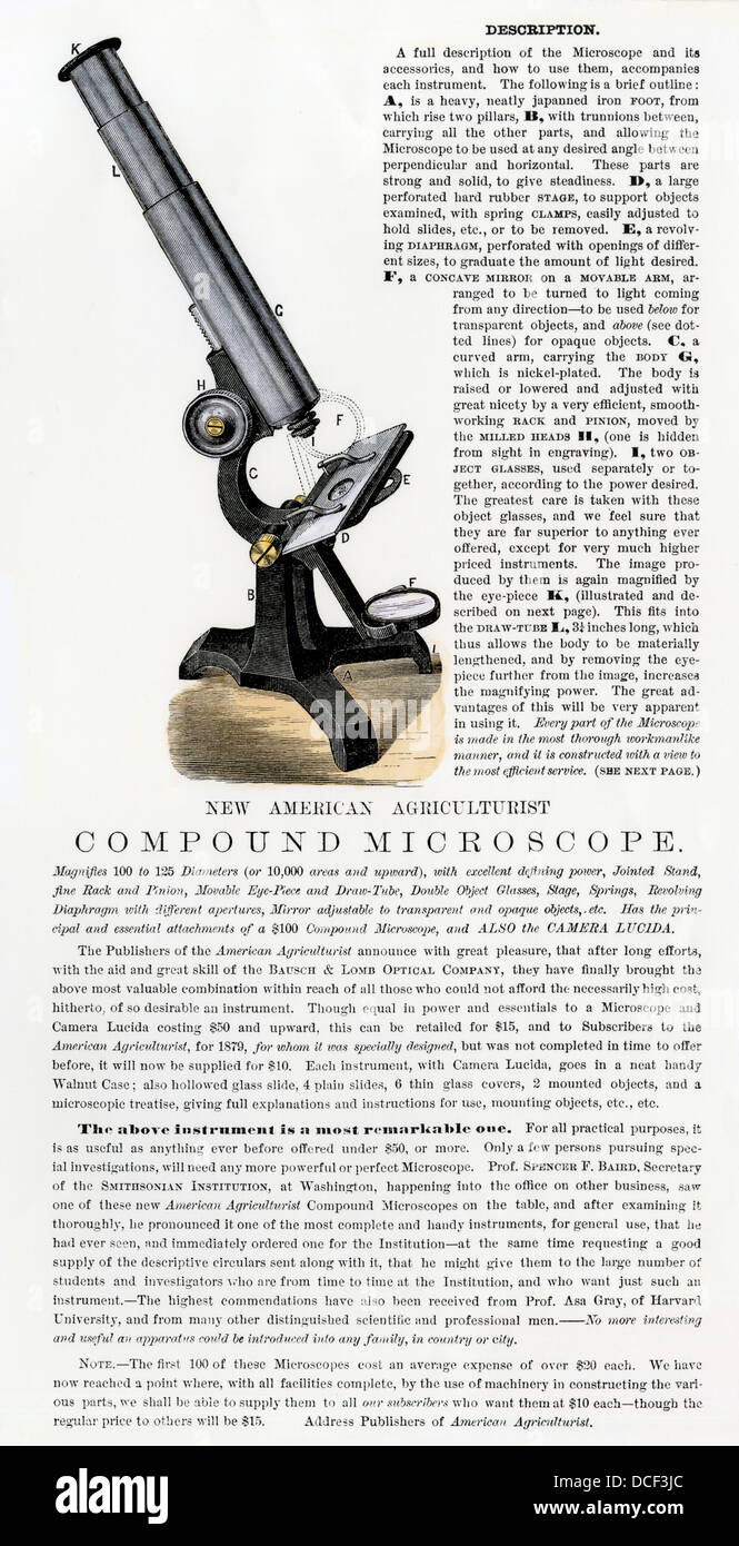 Advertisement for a compound microscope, US, 1870s. Hand-colored woodcut Stock Photo