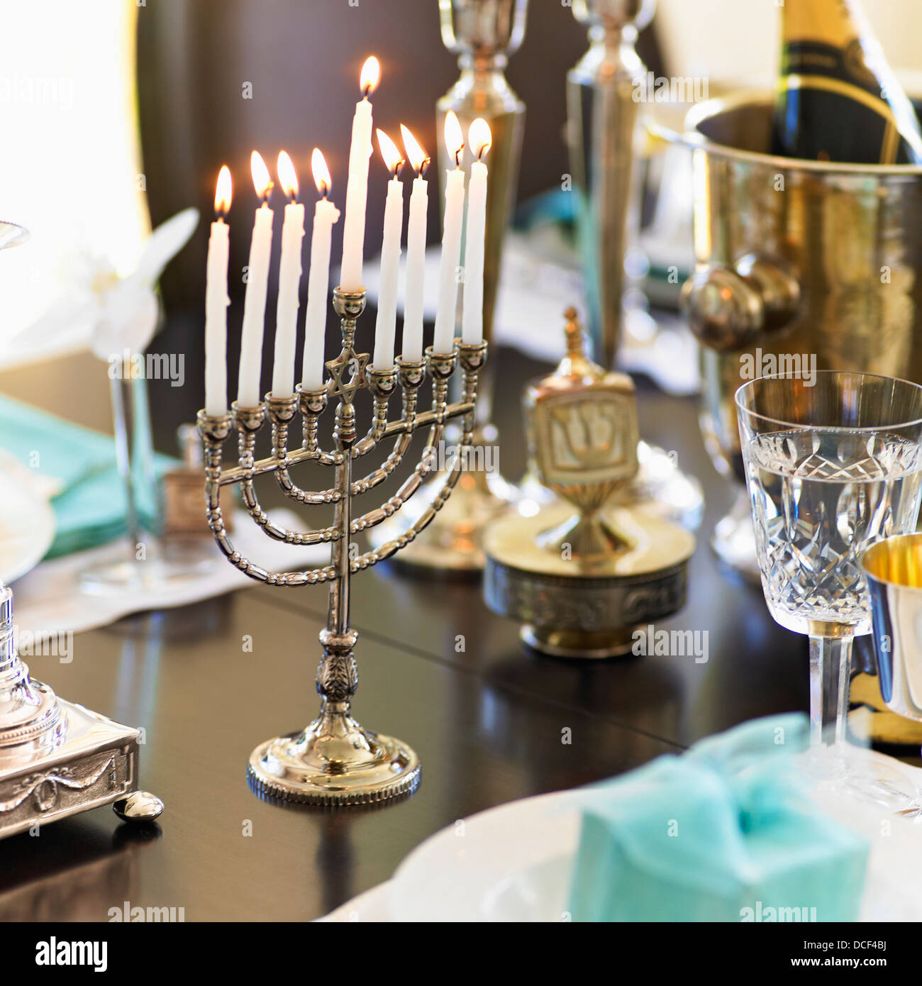 Silver menora on dining table;Victoria vancouver island british
