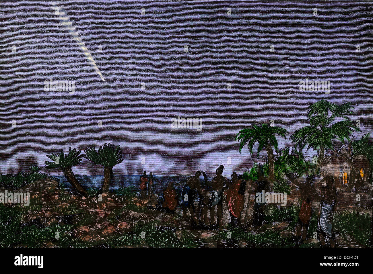 Great Comet of 1882, seen over the Cape of Good Hope, South Africa. Hand-colored woodcut Stock Photo