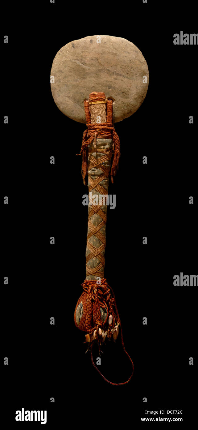 Ceremonial ax (O'kono), from New-Caledonia. Wood, textile, coconut fiber, serpentine, hair of bat, shells. Museum d'histoire na Stock Photo
