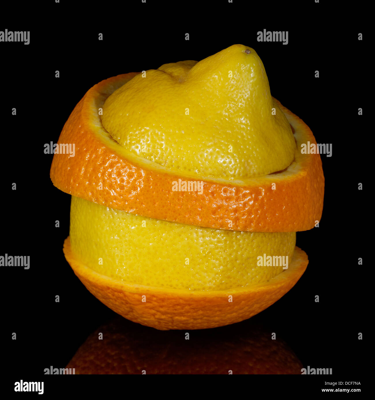 composite fruit made of various fruit slices in black back Stock Photo
