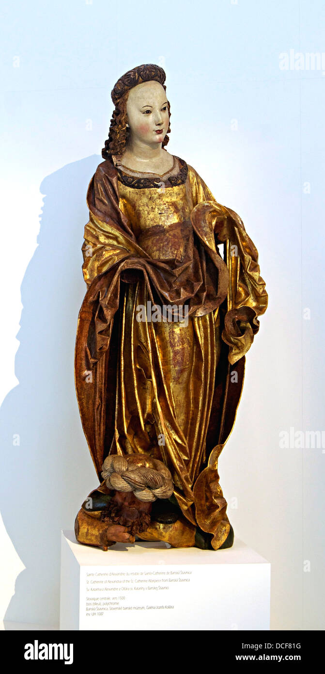 Saint Catherine of Alexandria of the St Catherine Altarpiece from Banská Štiavnica. Polychrom lime tree Stock Photo