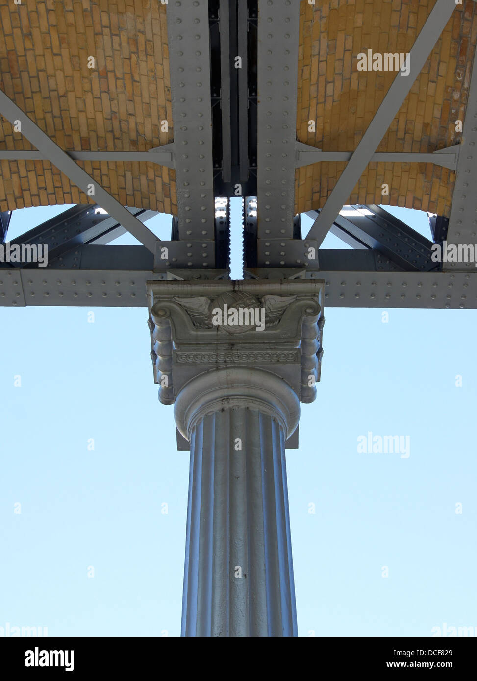 The junction between two litters a metal bridge beams, Skytrain, Paris. Stock Photo