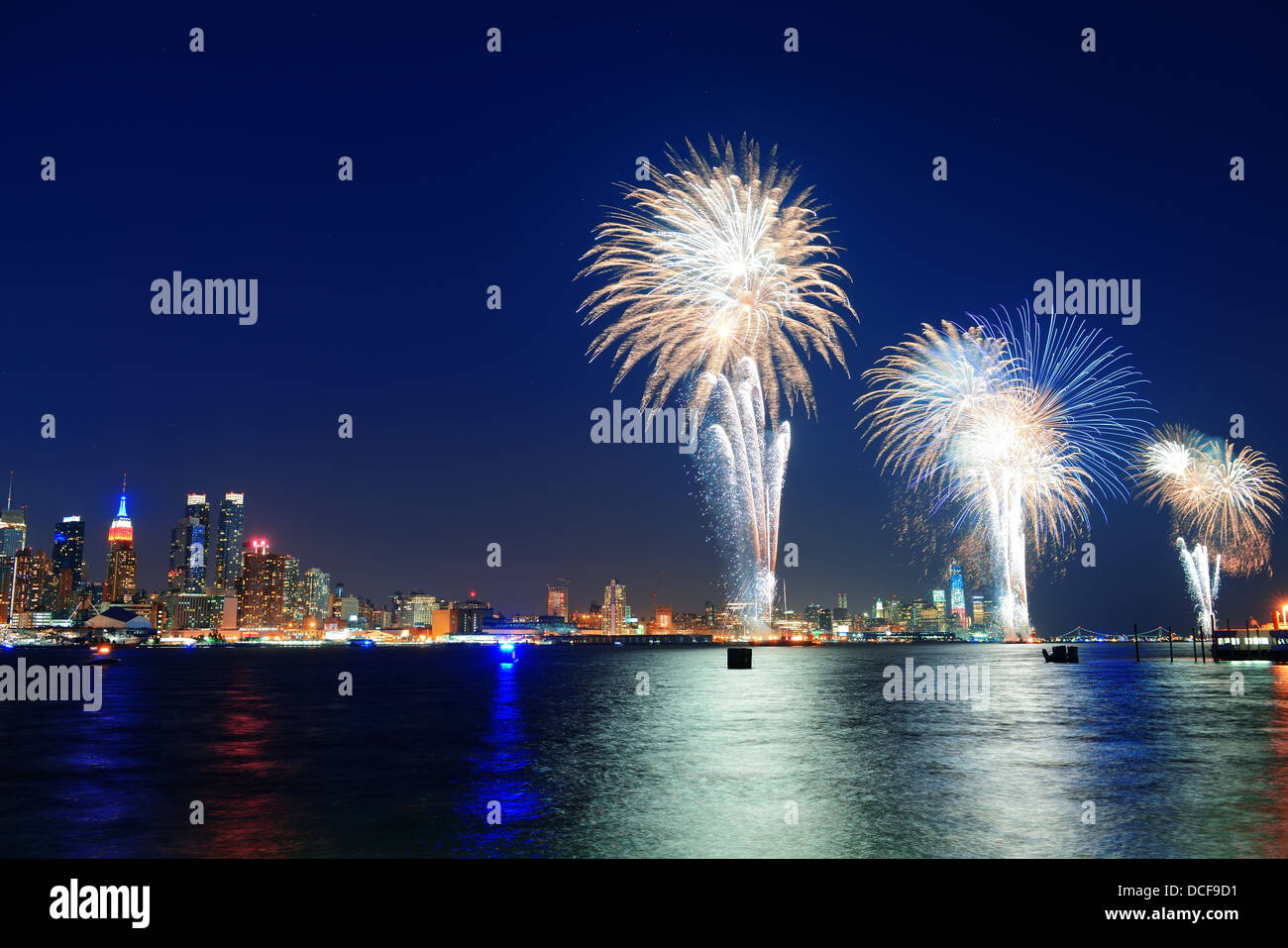 July 4th fireworks show of New York City with Manhattan midtown skyline
