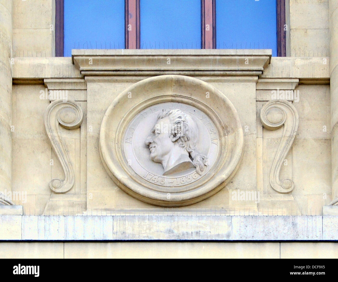 A.L. de Jussieu. Third mascaron (right) on the façade of the Grande Galerie de l'Evolution in Jardin des Plantes of Paris Stock Photo