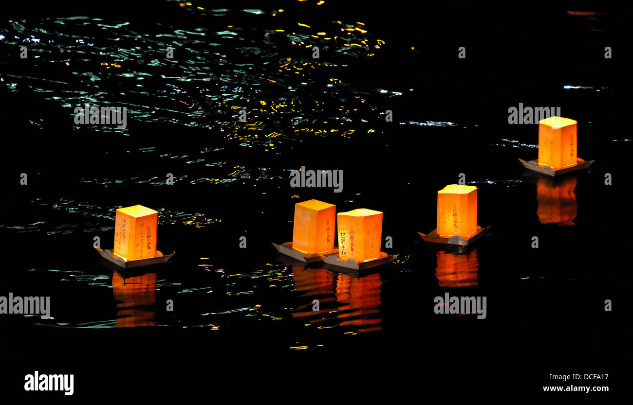 Sumida River Toro Nagashi. Paper lanterns floating on the Sumida river. Stock Photo