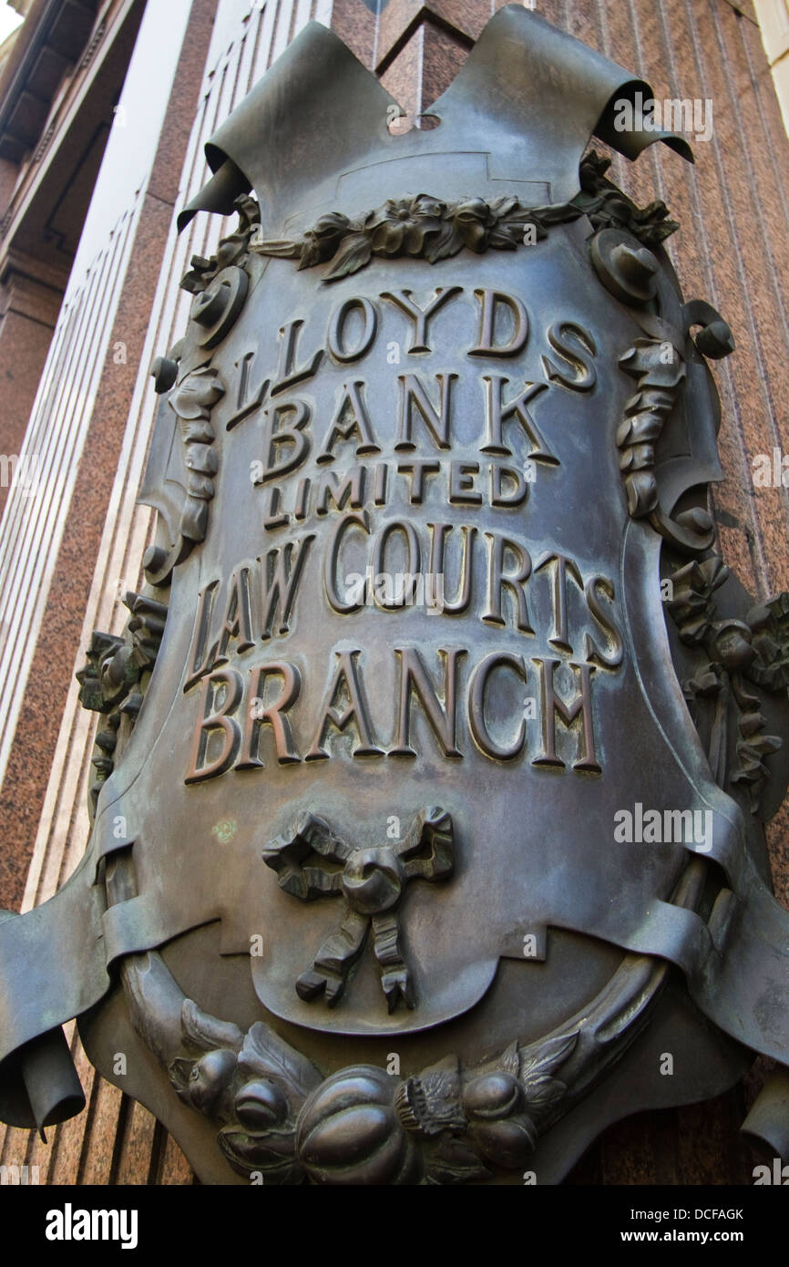 Lloyds bank law courts branch sign outside of the building on The Strand,, London Stock Photo