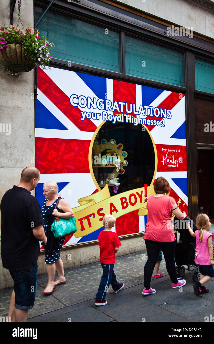 Hamleys window display congratulating the royal birth of Prince George to the Duke & Duchess of Cambridge Regent street, London Stock Photo