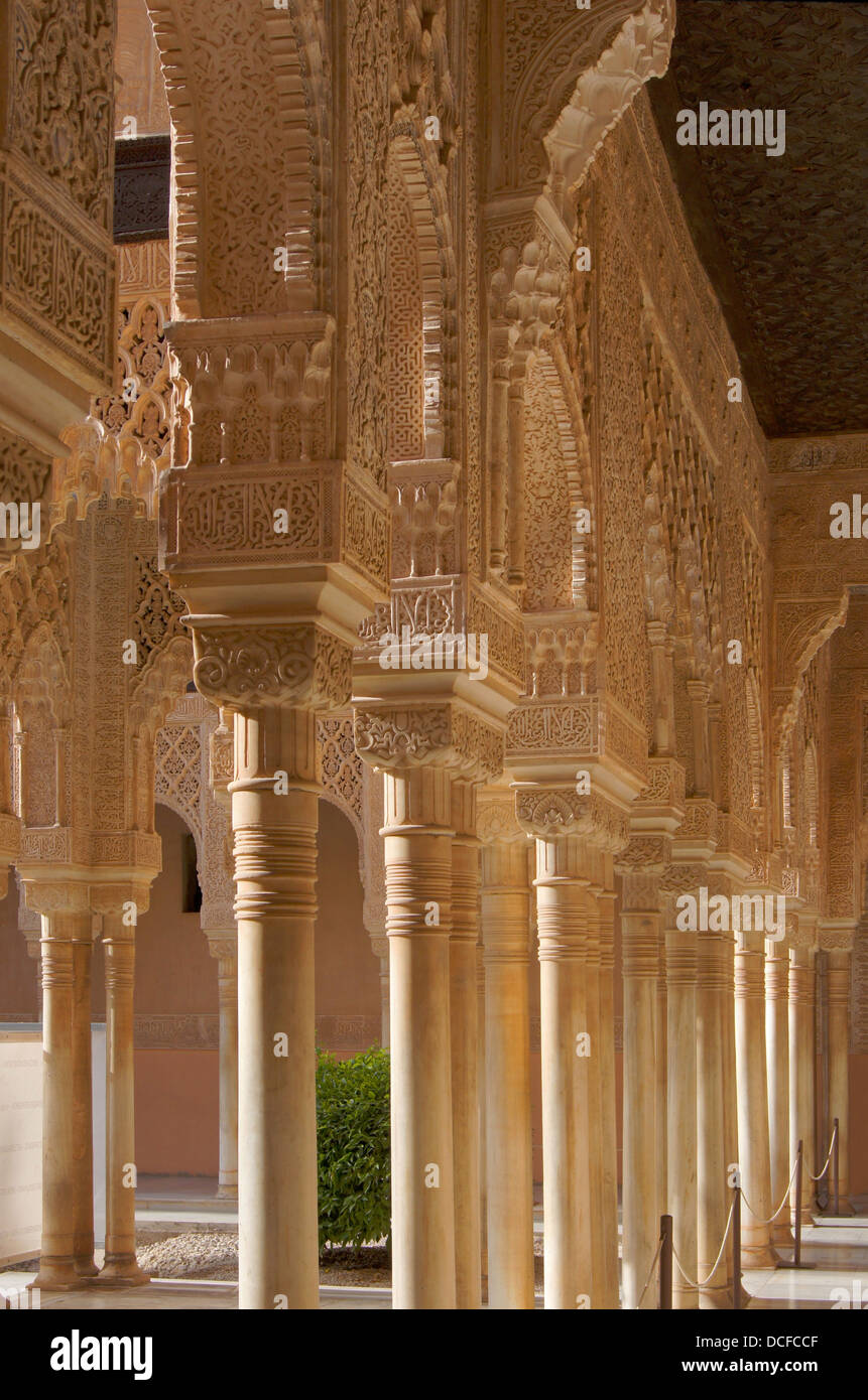 columns, arches and capitals in Lions Palace of Alhambra, Granada, Spain Stock Photo