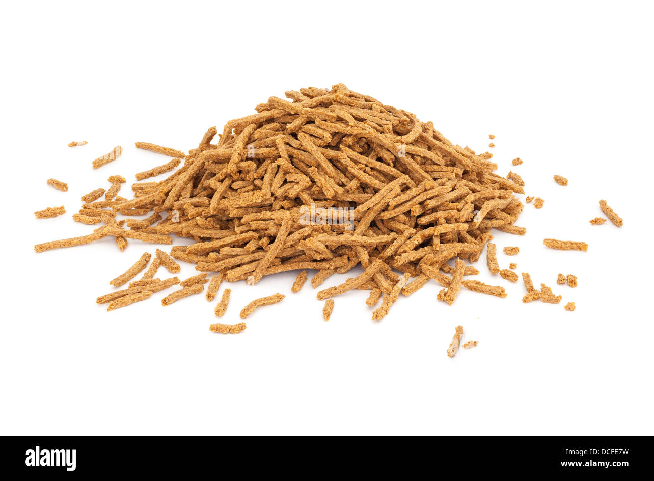 Bran Cereal - a pile oh high fibre bran cereal, isolated on white, front to back focus. Stock Photo