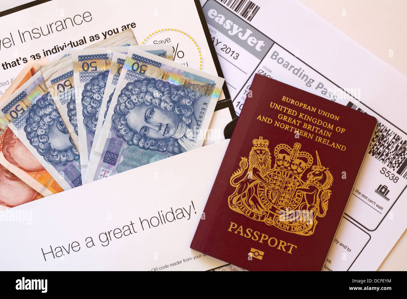 Have a great holiday - Easyjet boarding pass, passport and foreign currency for holiday in Croatia Stock Photo